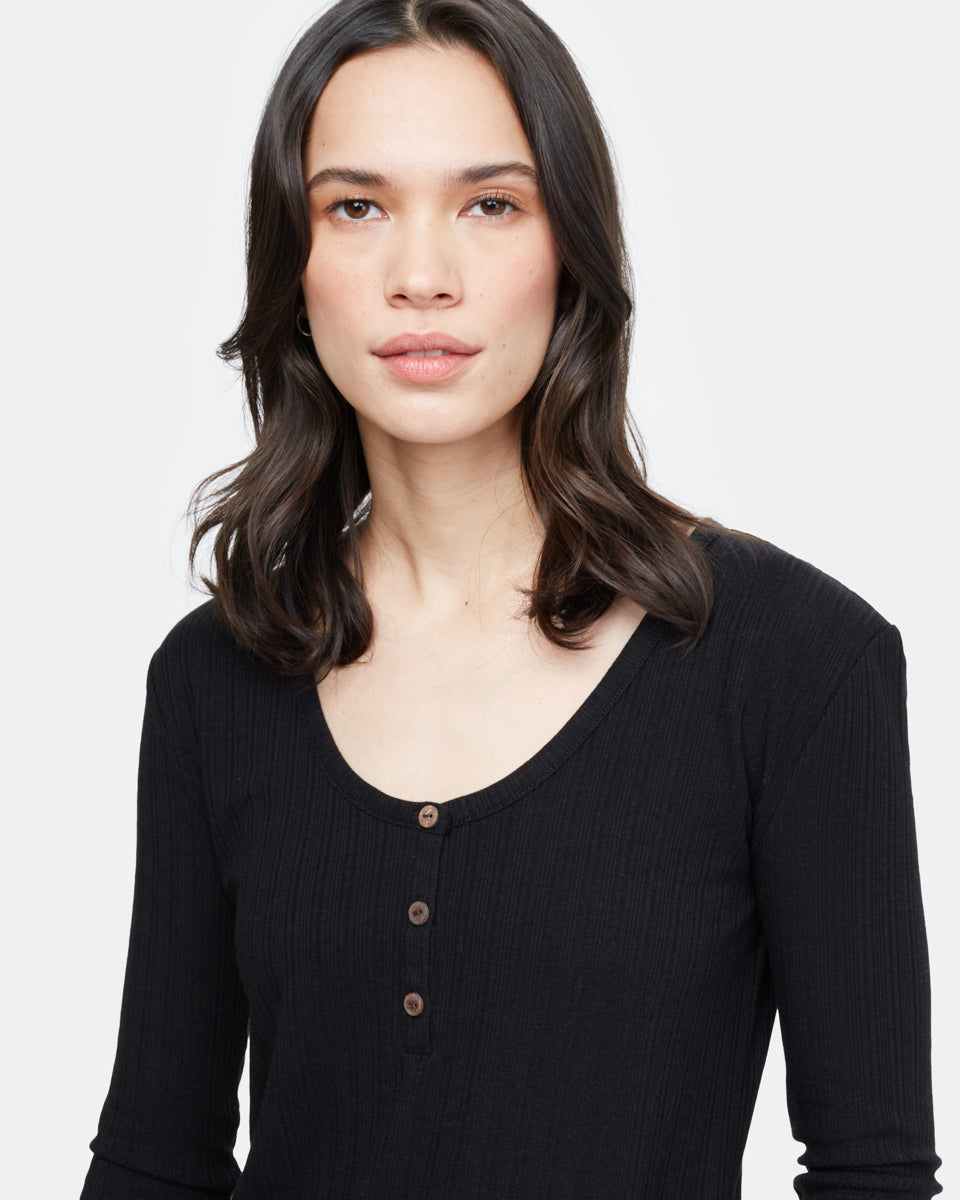 Black Women's Ribbed Button Long Sleeve Top