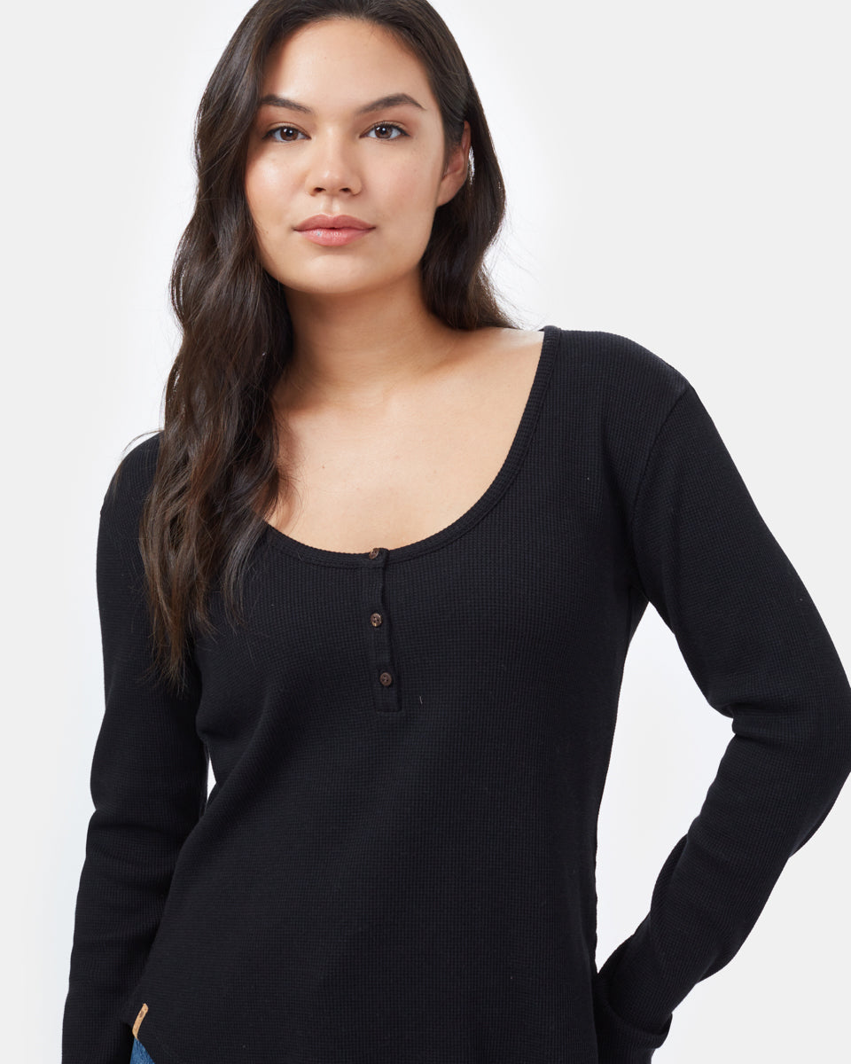 Black Women's Waffle Knit Button Longsleeve Shirt