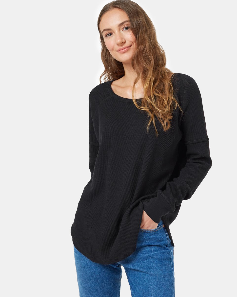 Black Women's Waffle Knit Longsleeve Top 