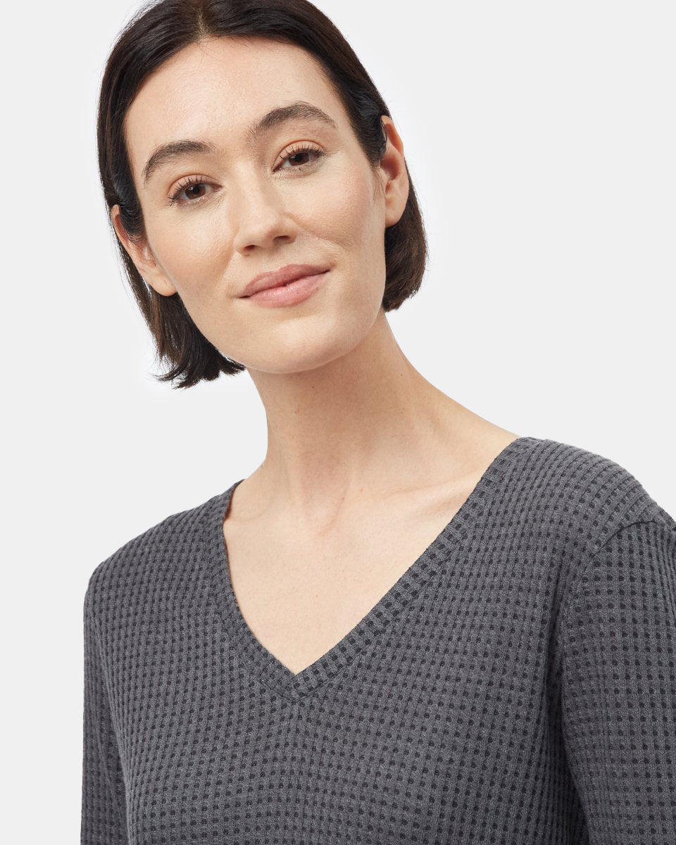 Black Women's Waffle Knit V-Neck Top