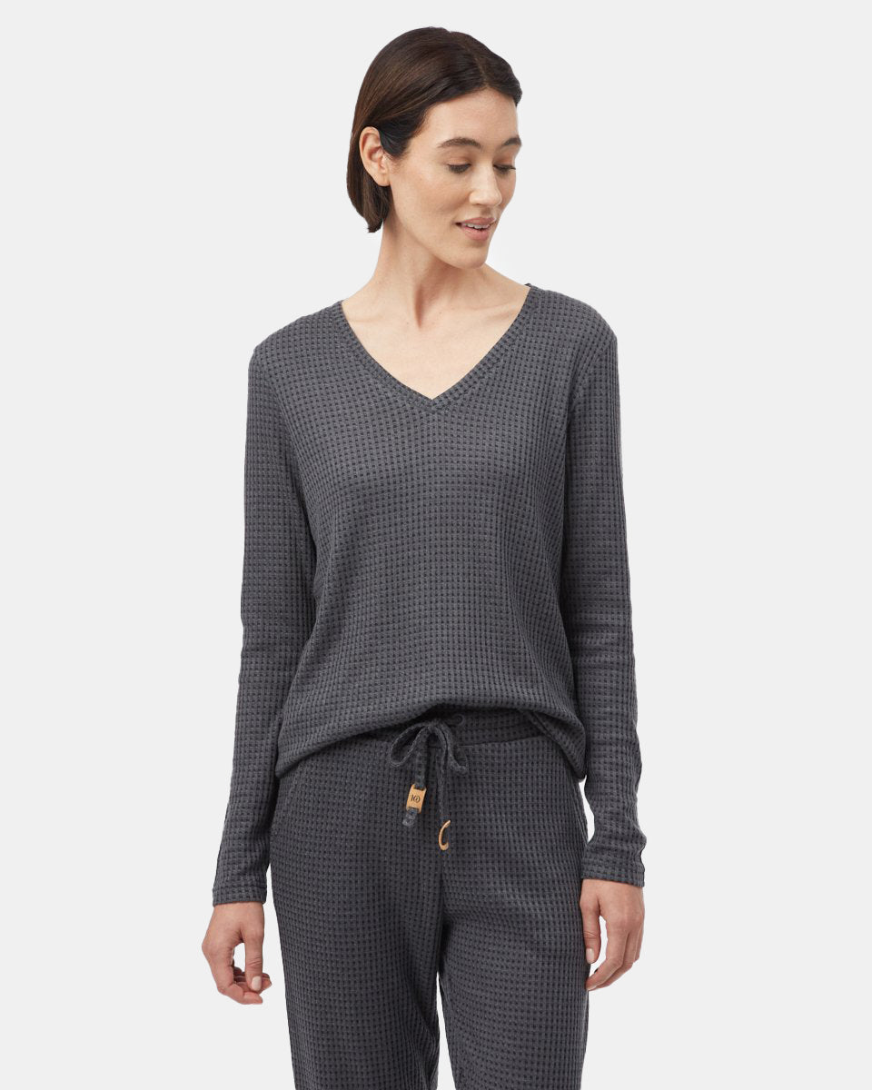 Black Women's Waffle Knit V-Neck Top