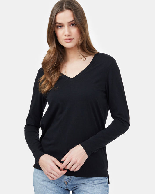 Black Women's Recycled V-Neck Long Sleeve Top
