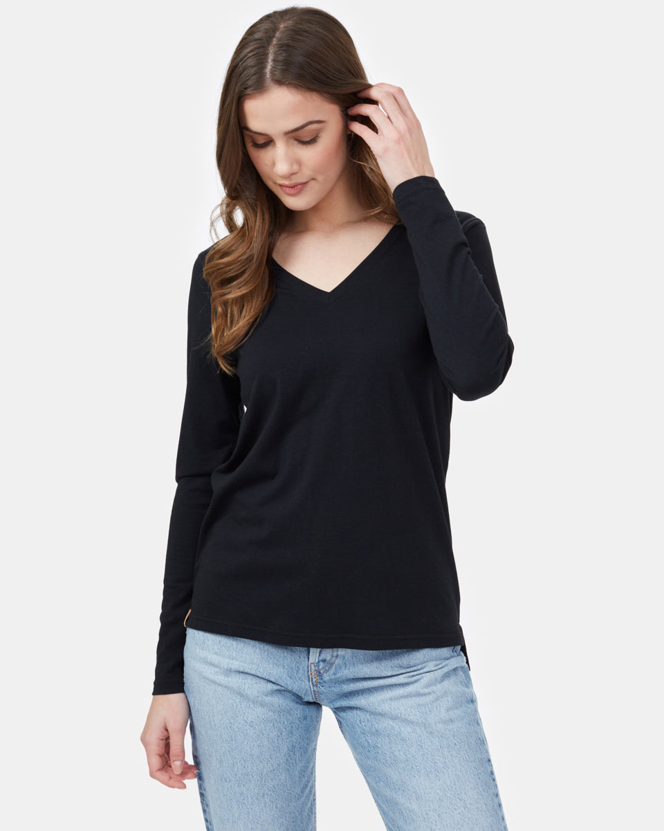 Black Women's Recycled V-Neck Long Sleeve Top