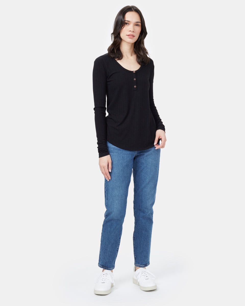 Black Women's Ribbed Button Long Sleeve Top