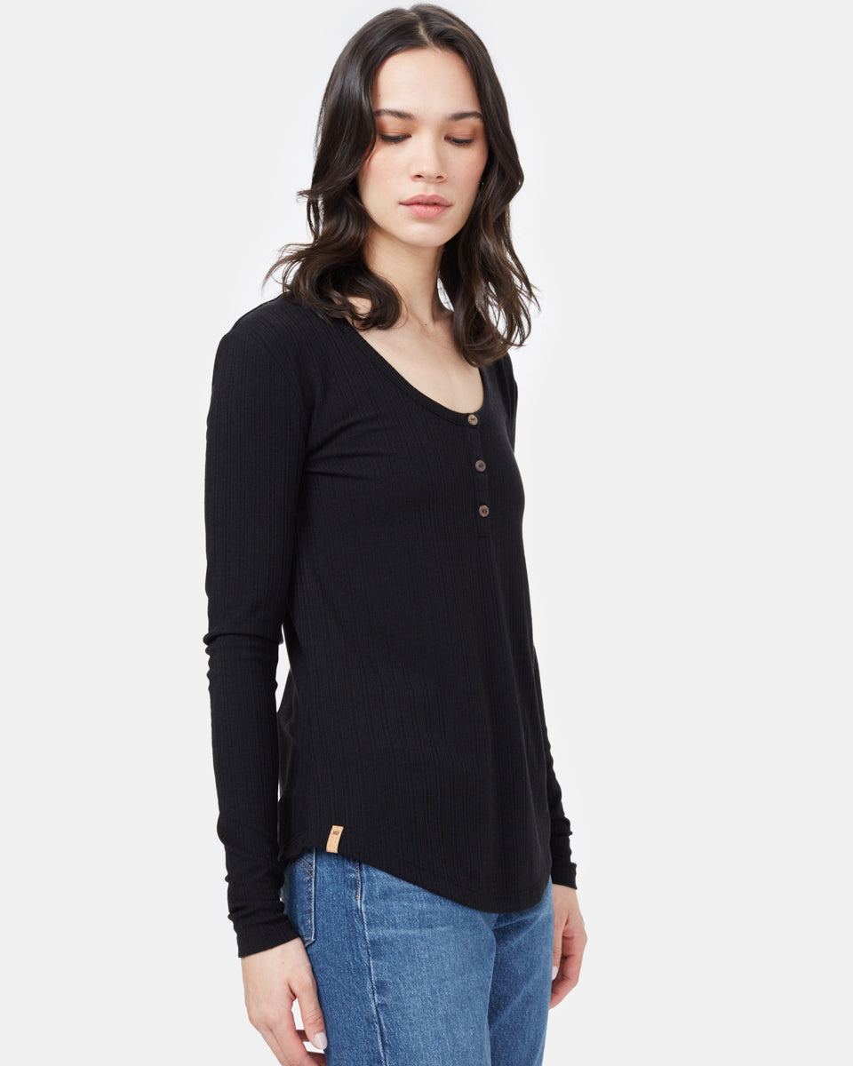 Black Women's Ribbed Button Long Sleeve Top