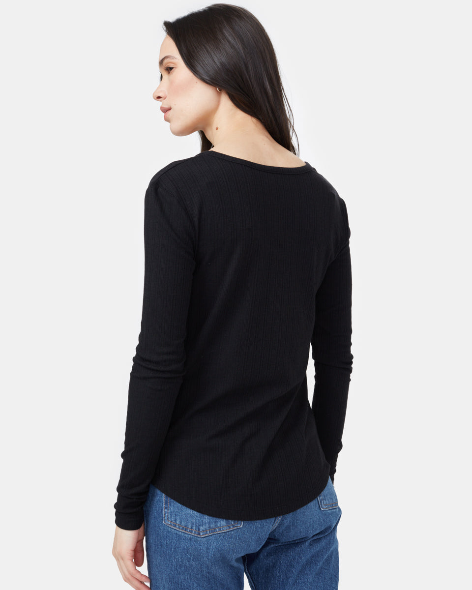 Black Women's Ribbed Button Long Sleeve Top