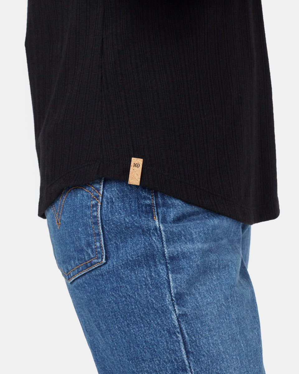 Black Women's Ribbed Button Long Sleeve Top