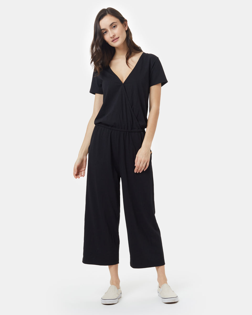 Black Women's V-Neck Knit Jumpsuit