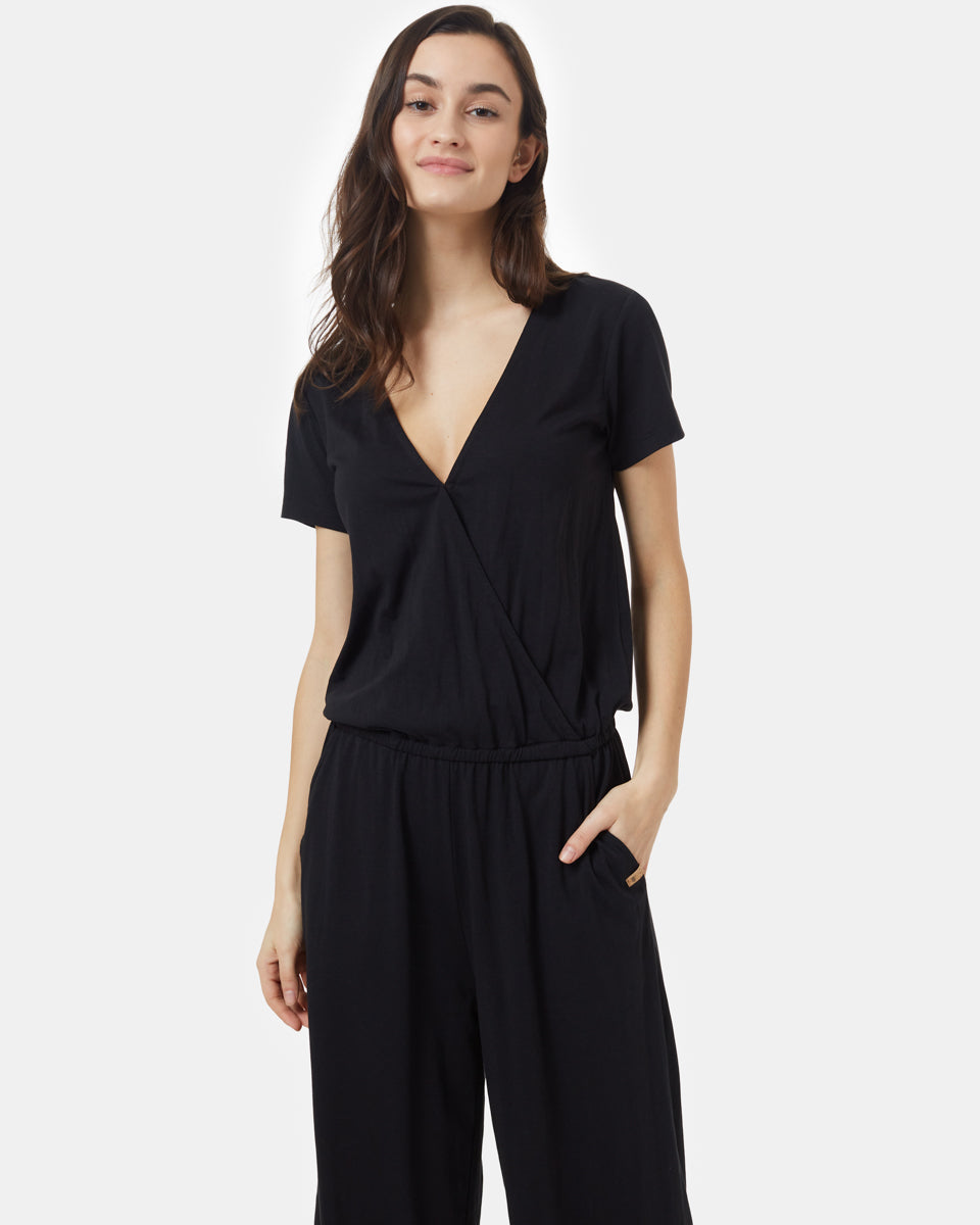 Black Women's V-Neck Knit Jumpsuit
