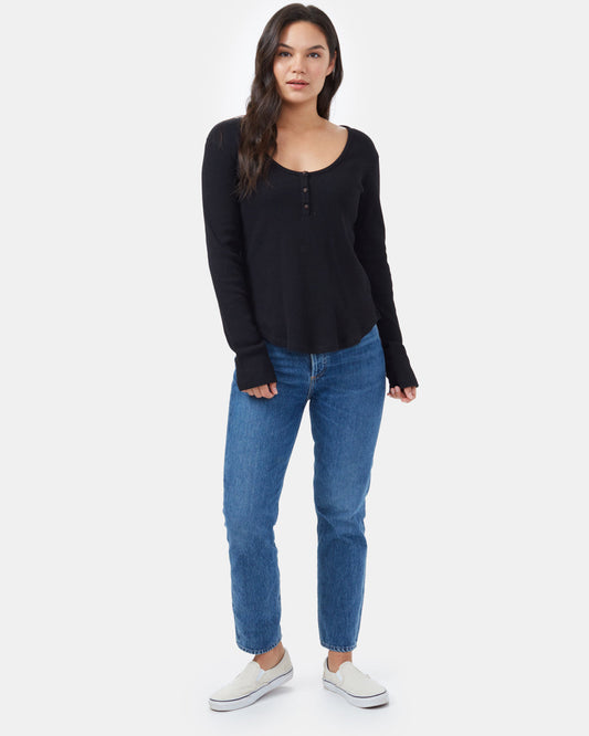 Black Women's Waffle Knit Button Longsleeve Shirt