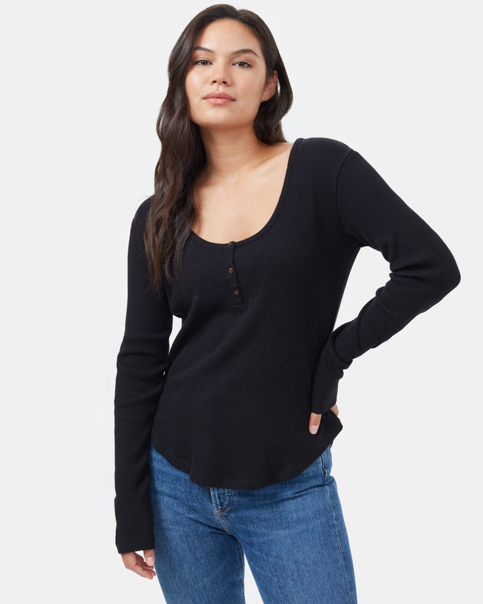 Black Women's Waffle Knit Button Longsleeve Shirt