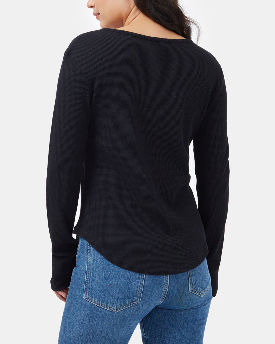 Black Women's Waffle Knit Button Longsleeve Shirt