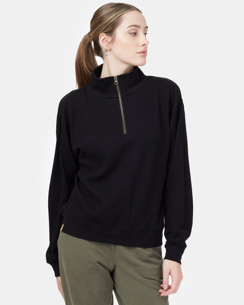 Black Women's Waffle Knit Half Zip Sweatshirt