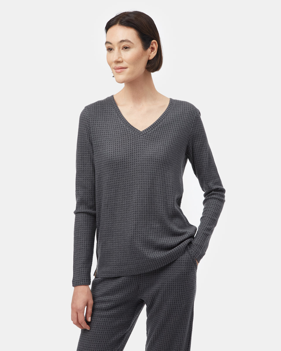 Black Women's Waffle Knit V-Neck Top
