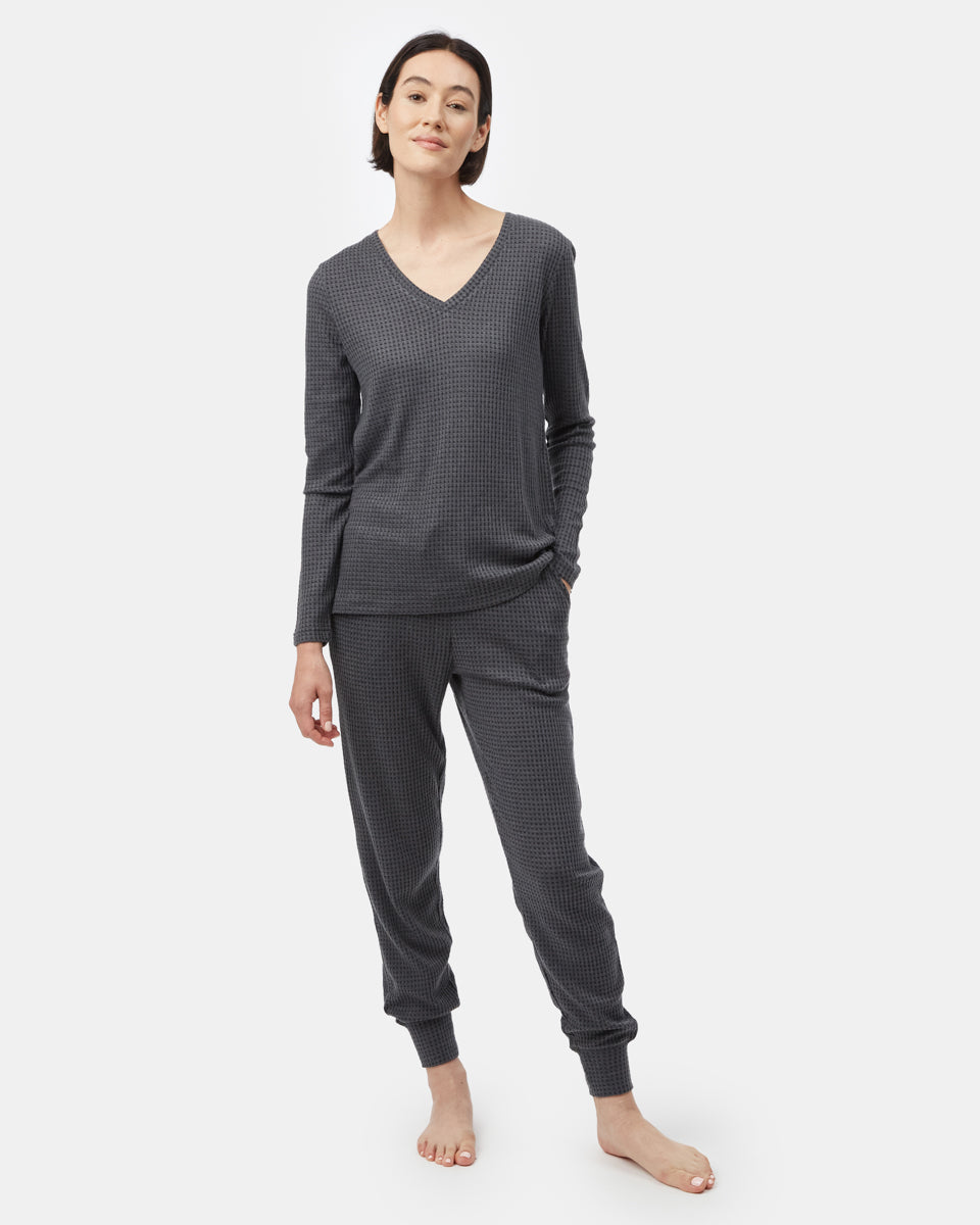 Black Women's Waffle Knit V-Neck Top