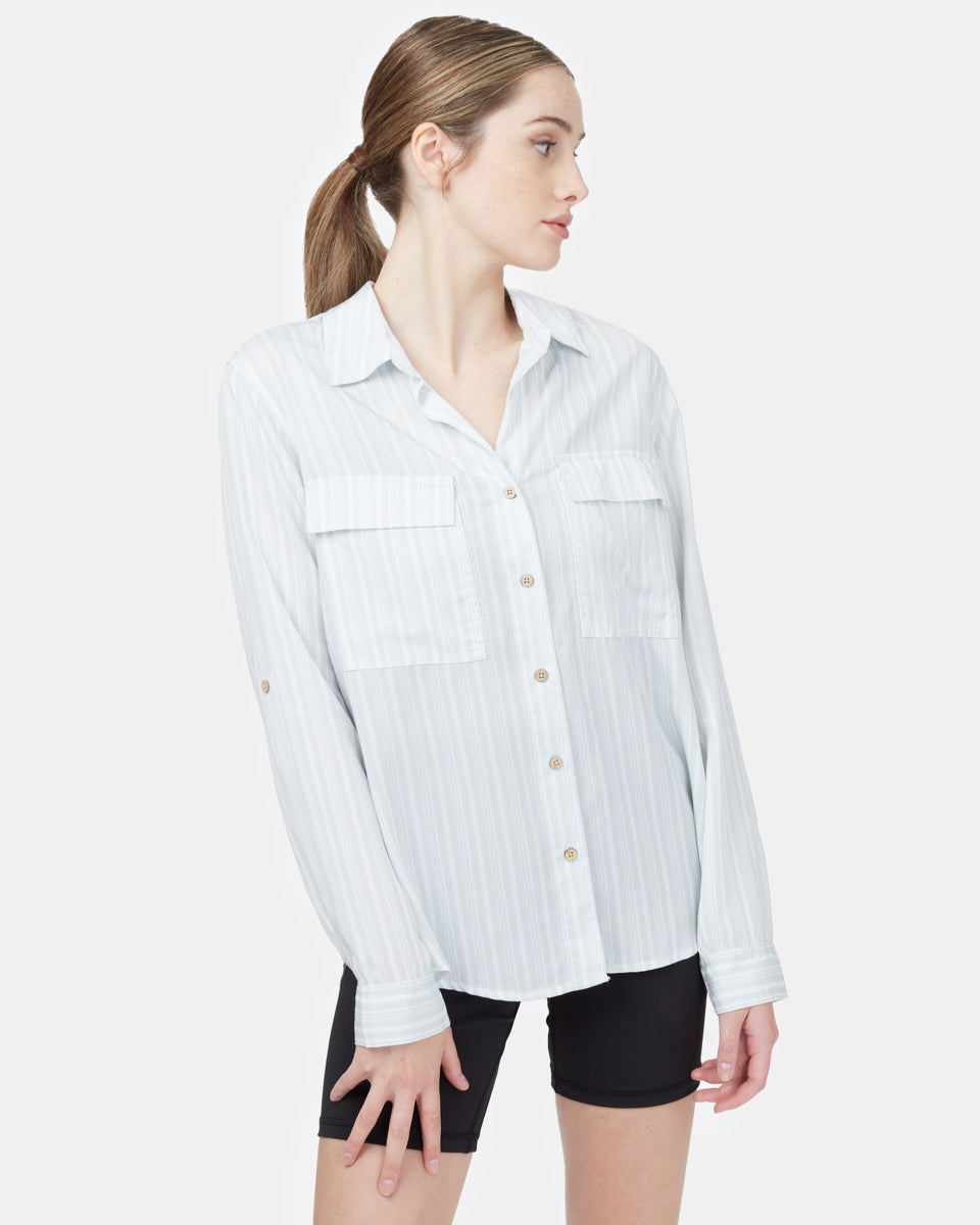 Blue,White Women's Tencel Long Sleeve Button Up