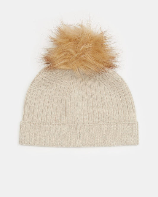 Gray,White Wool Ribbed Knit Pom Toque