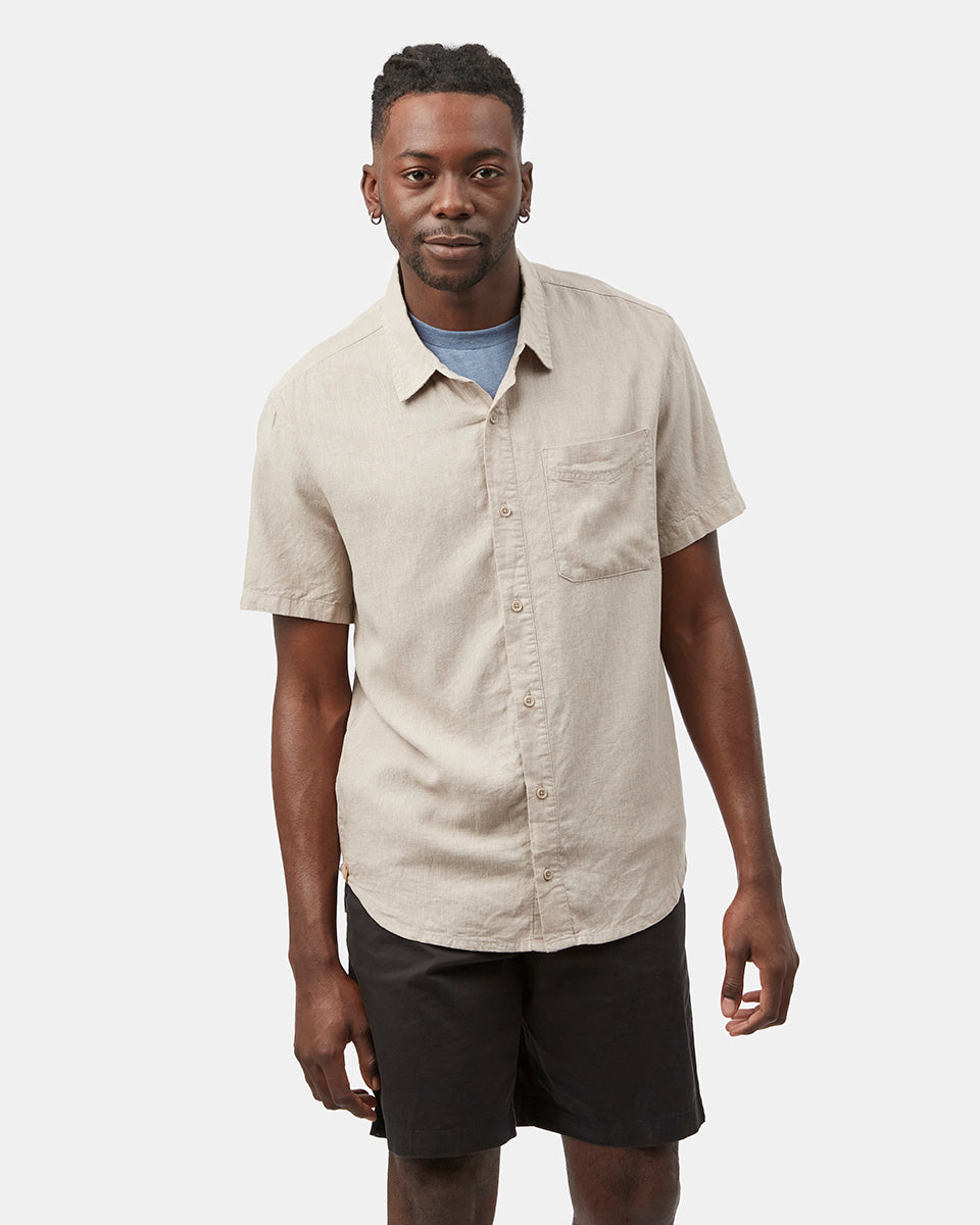 Gray,White Men's Hemp Button Up Short Sleeve Shirt