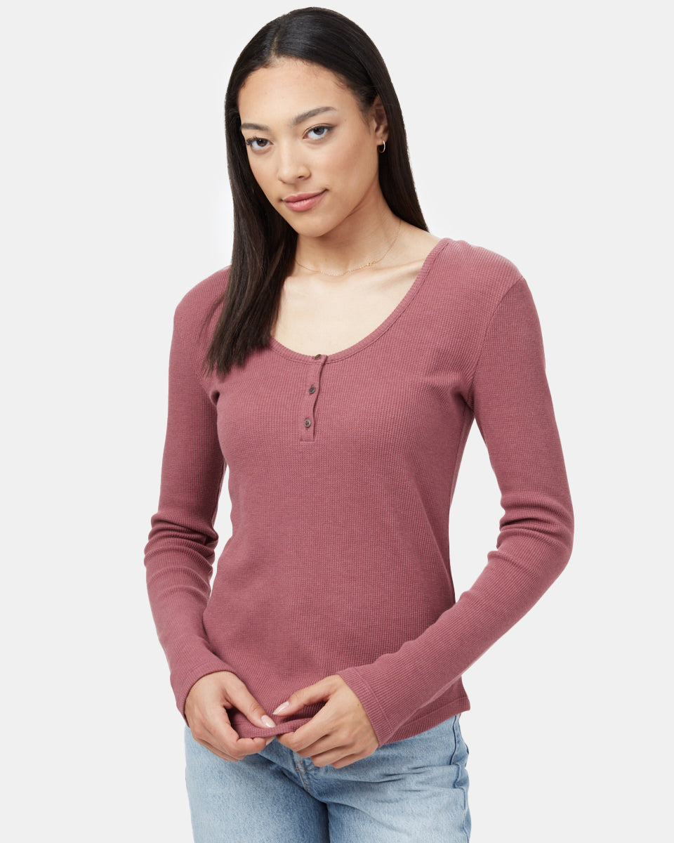 Red Women's Waffle Knit Button Longsleeve Shirt