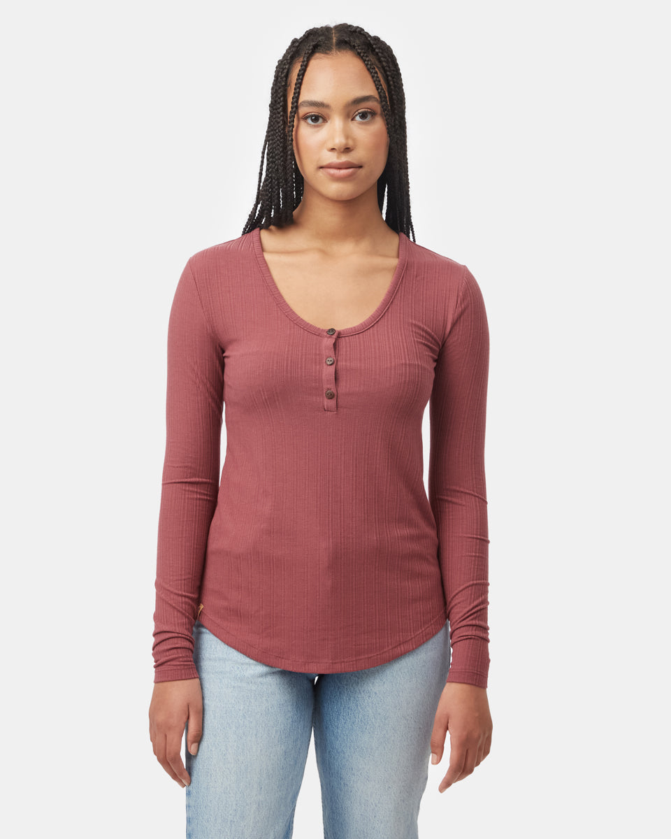 Red Women's Ribbed Button Long Sleeve Top