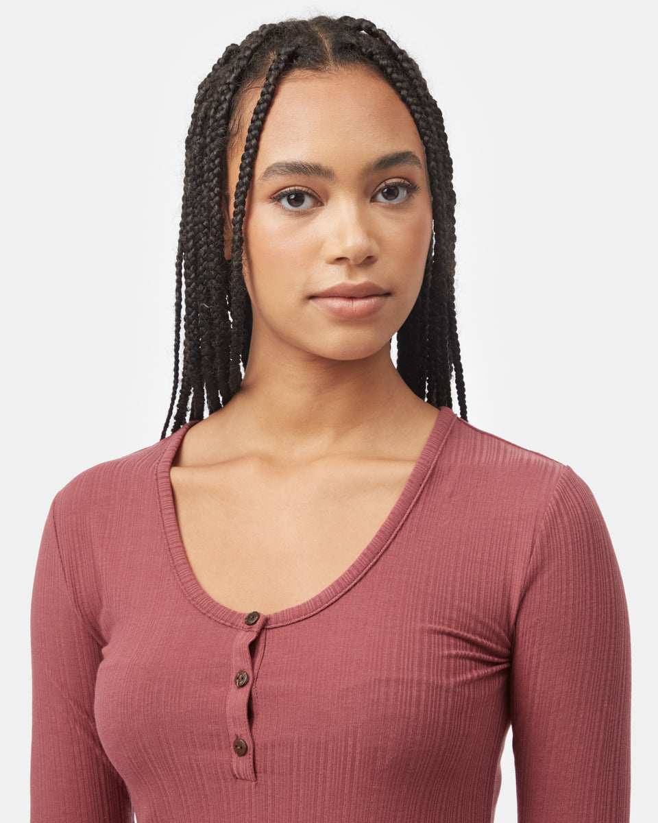 Red Women's Ribbed Button Long Sleeve Top