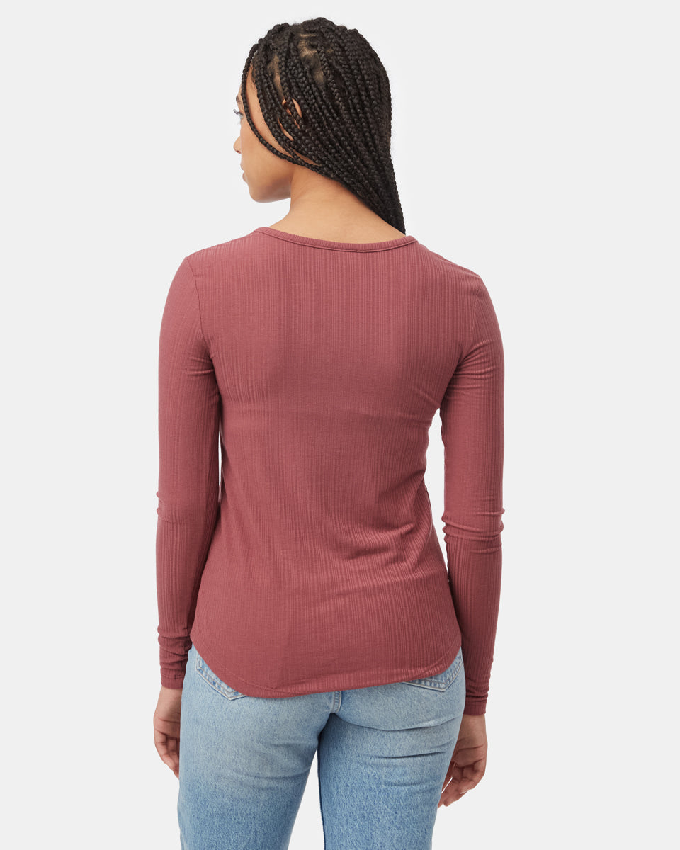 Red Women's Ribbed Button Long Sleeve Top