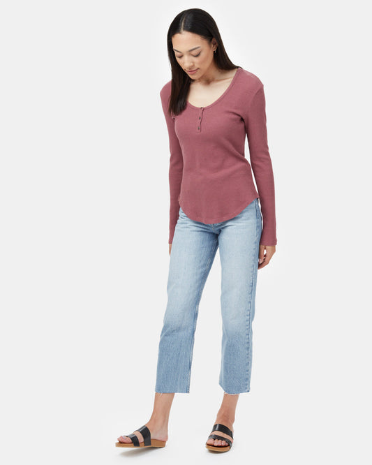 Red Women's Waffle Knit Button Longsleeve Shirt