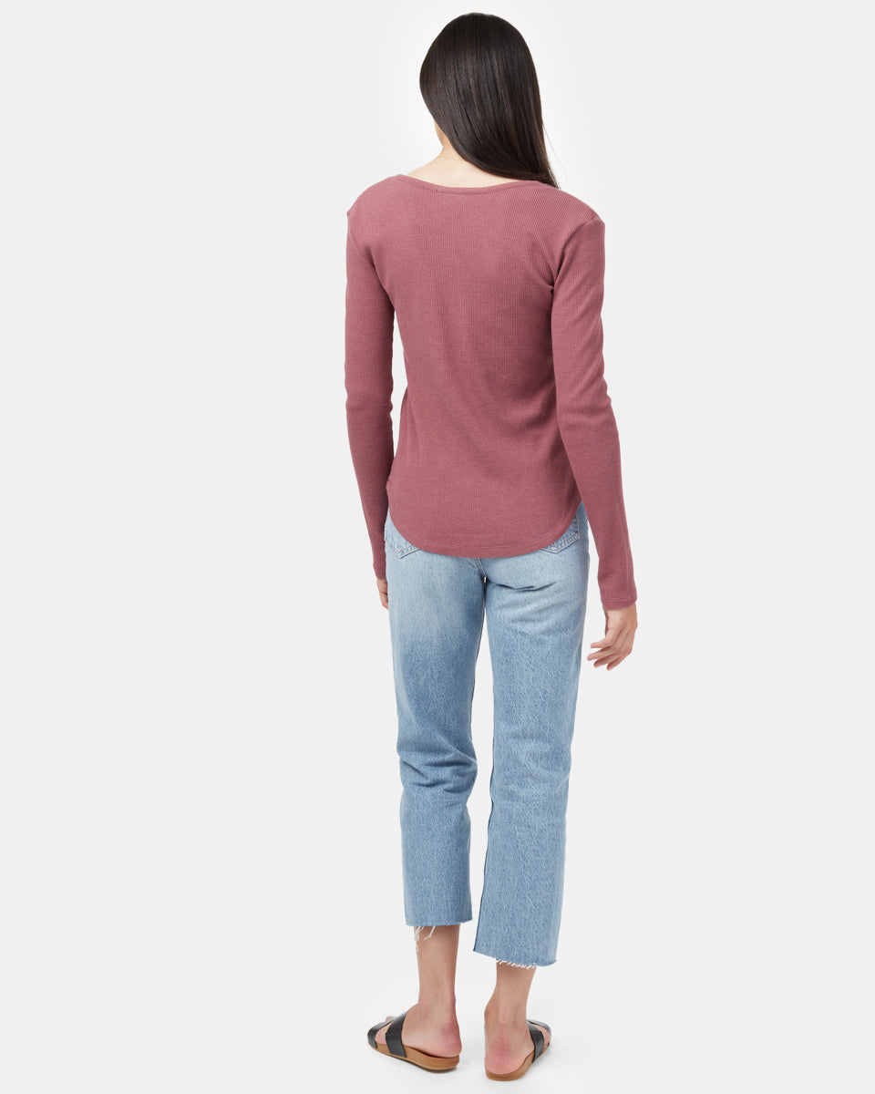 Red Women's Waffle Knit Button Longsleeve Shirt