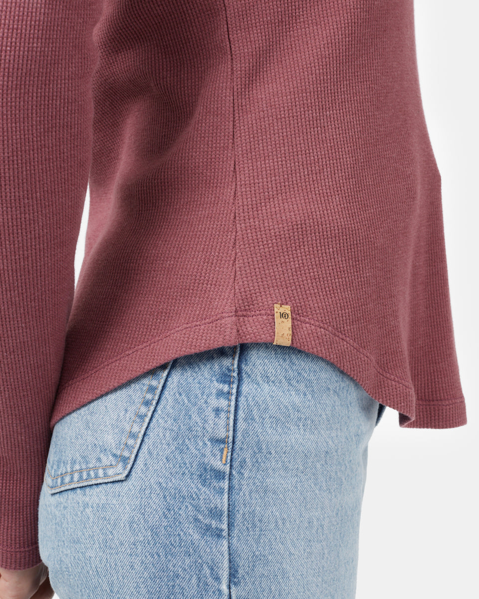 Red Women's Waffle Knit Button Longsleeve Shirt