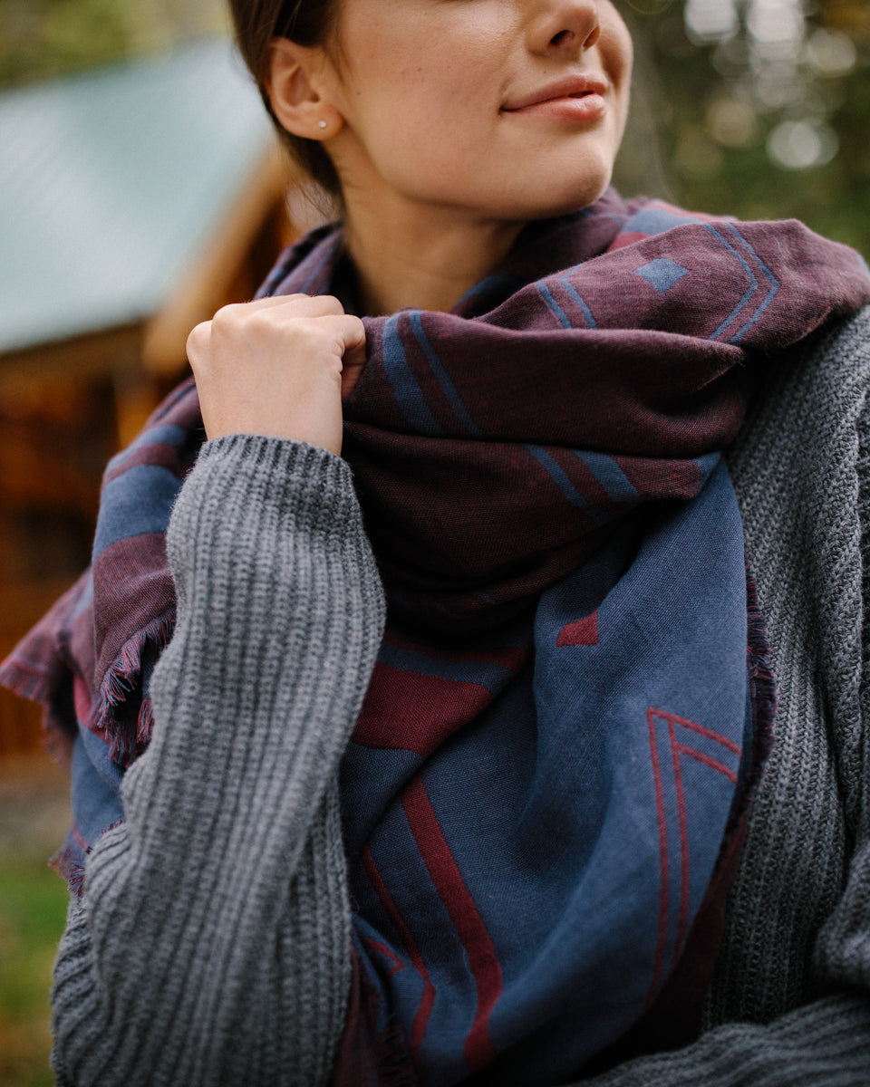 Blue,Red Organic Cotton Pattern Blanket Scarf