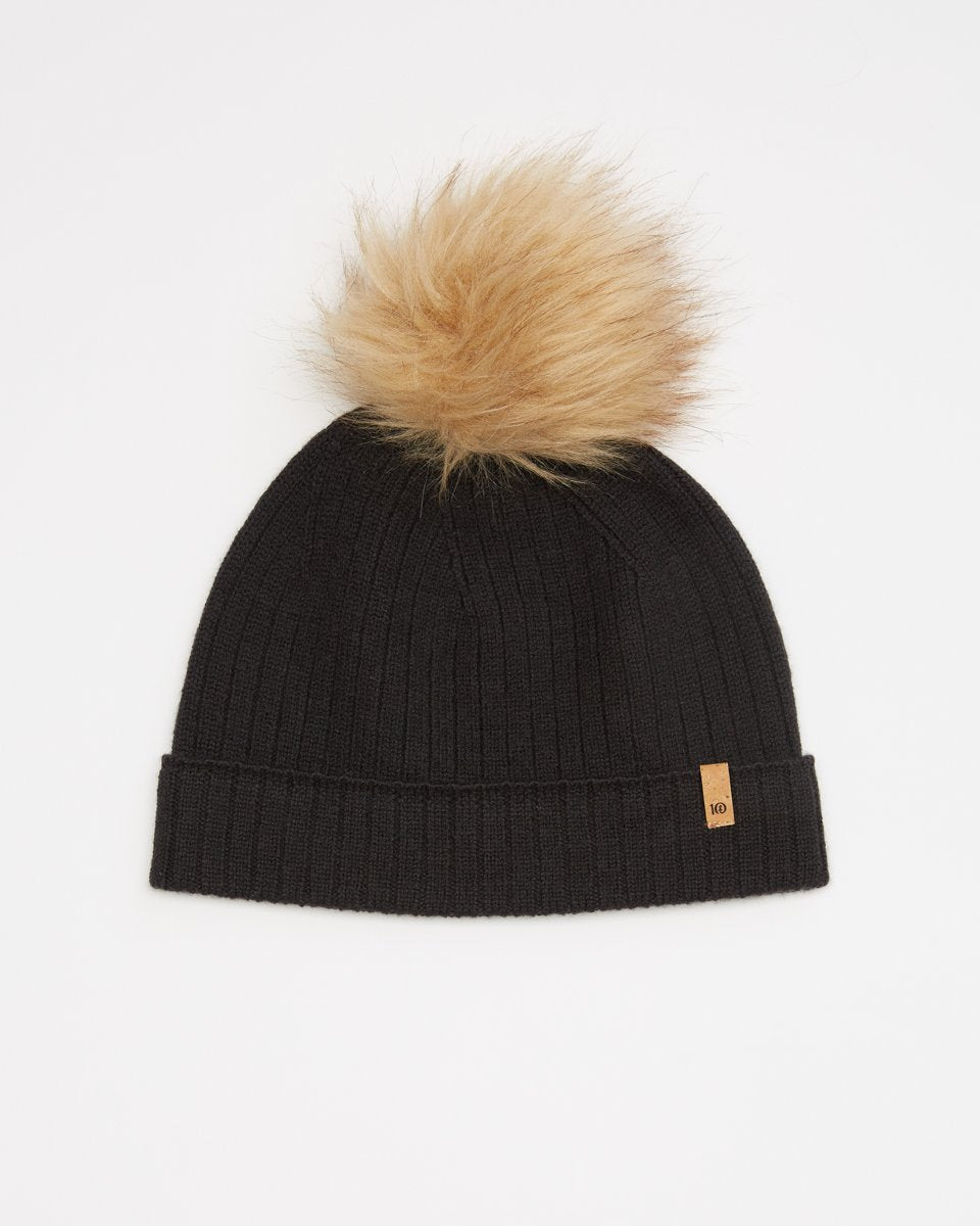 Black Wool Ribbed Knit Pom Toque