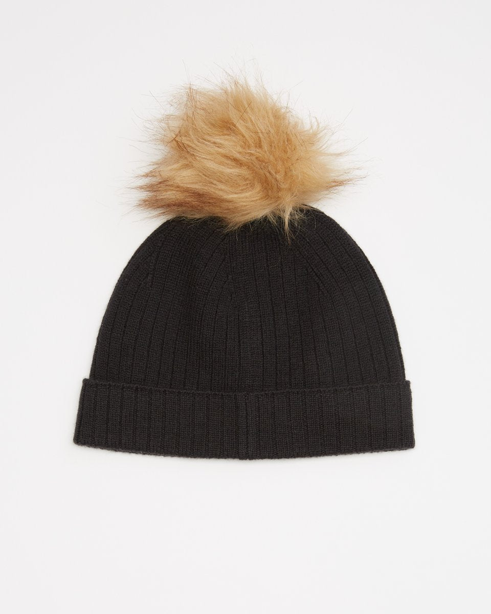 Black Wool Ribbed Knit Pom Toque