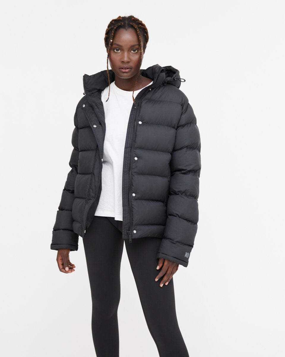 Black Water-Resistant Mid-Length Puffer Jacket