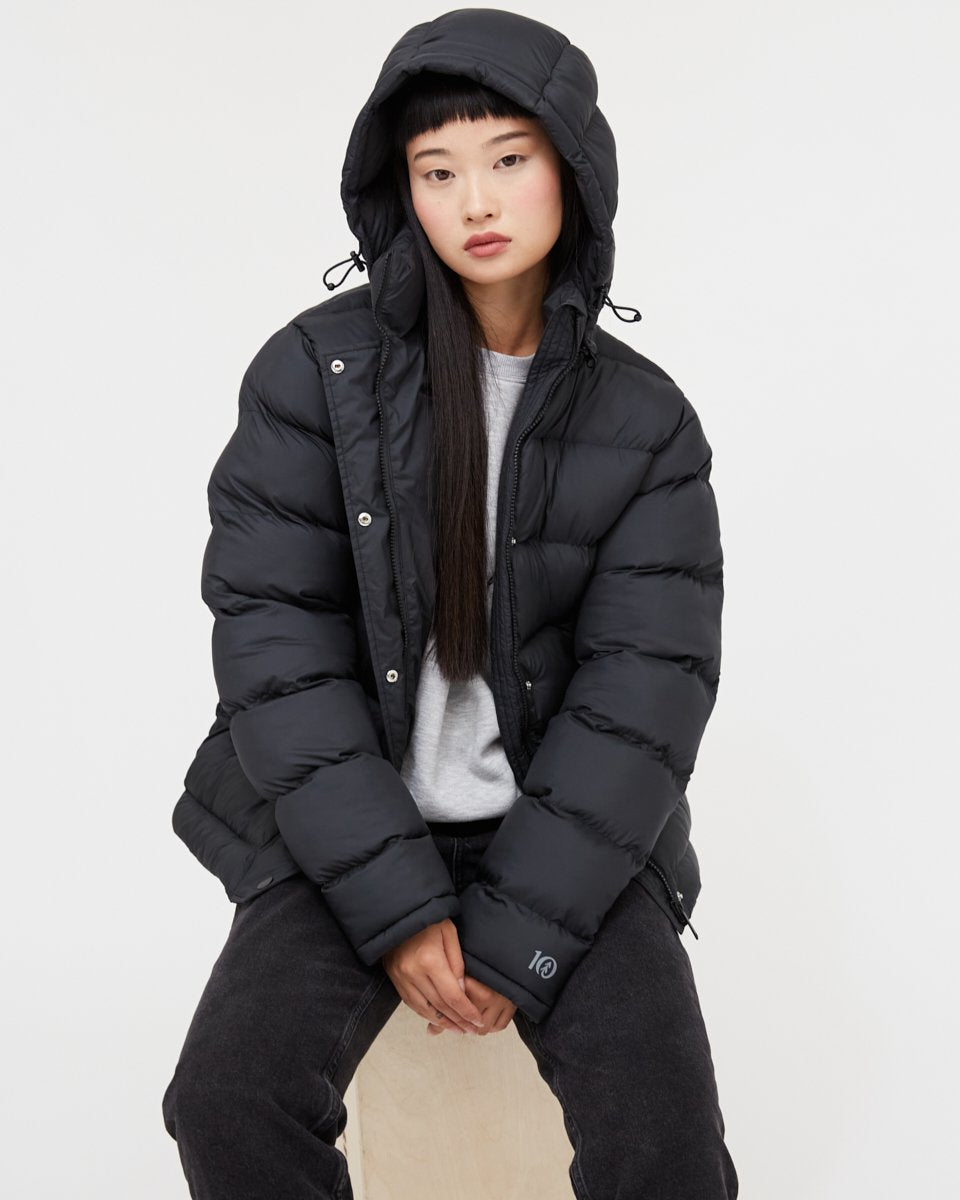 Black Water-Resistant Mid-Length Puffer Jacket