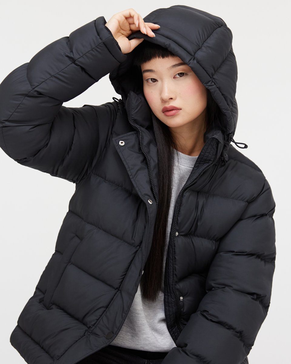 Black Water-Resistant Mid-Length Puffer Jacket