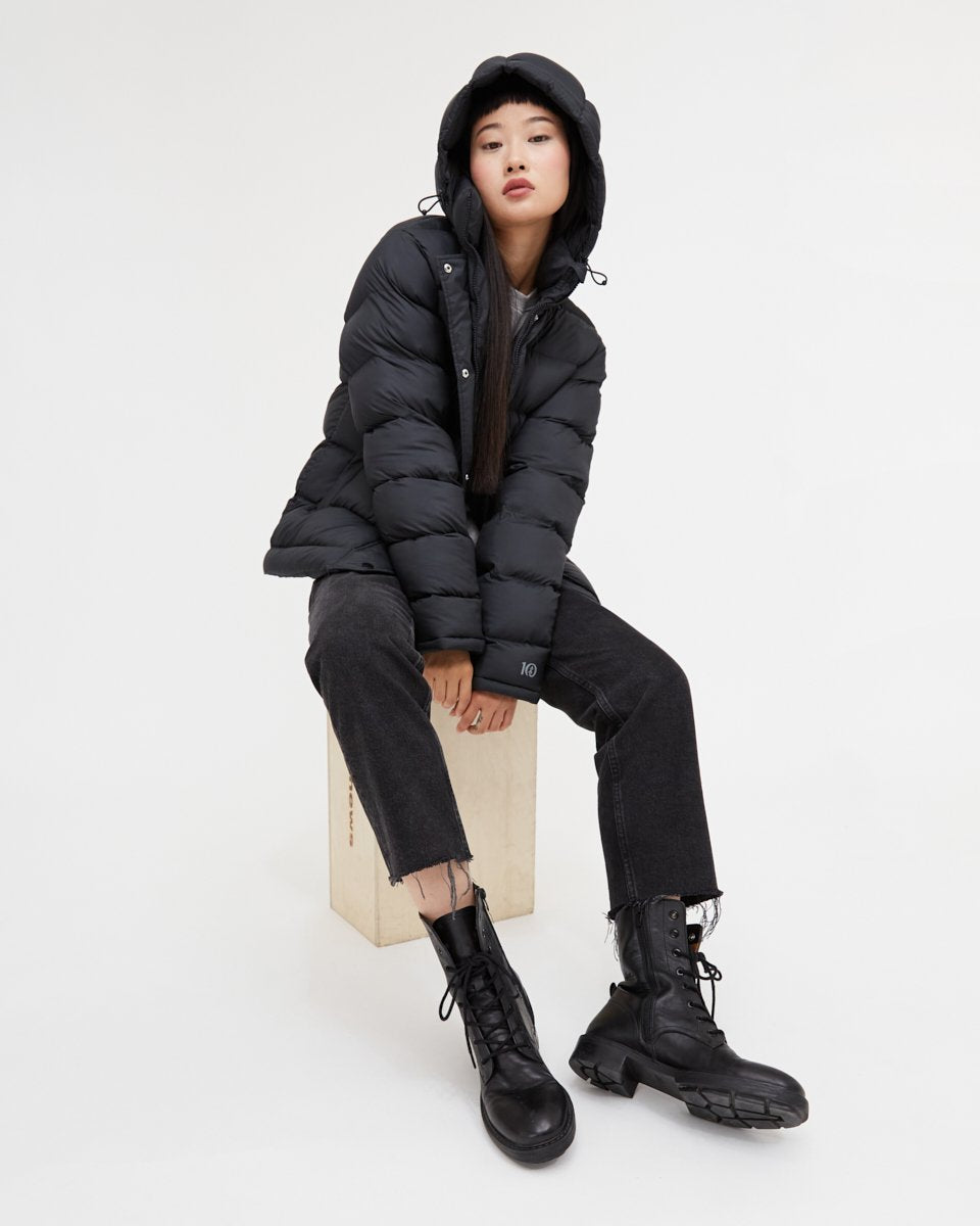 Black Water-Resistant Mid-Length Puffer Jacket