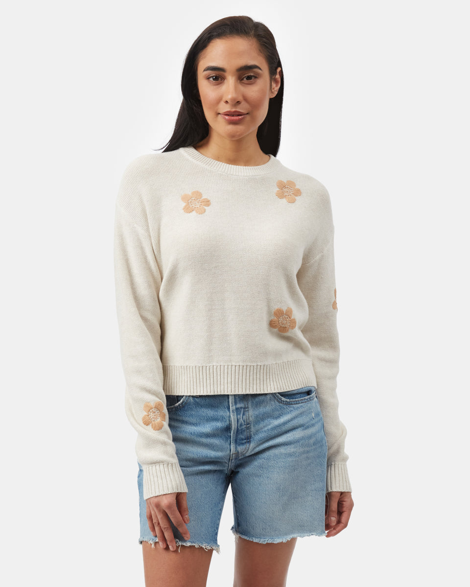 White Women's Floral Embroidery Knit Sweater