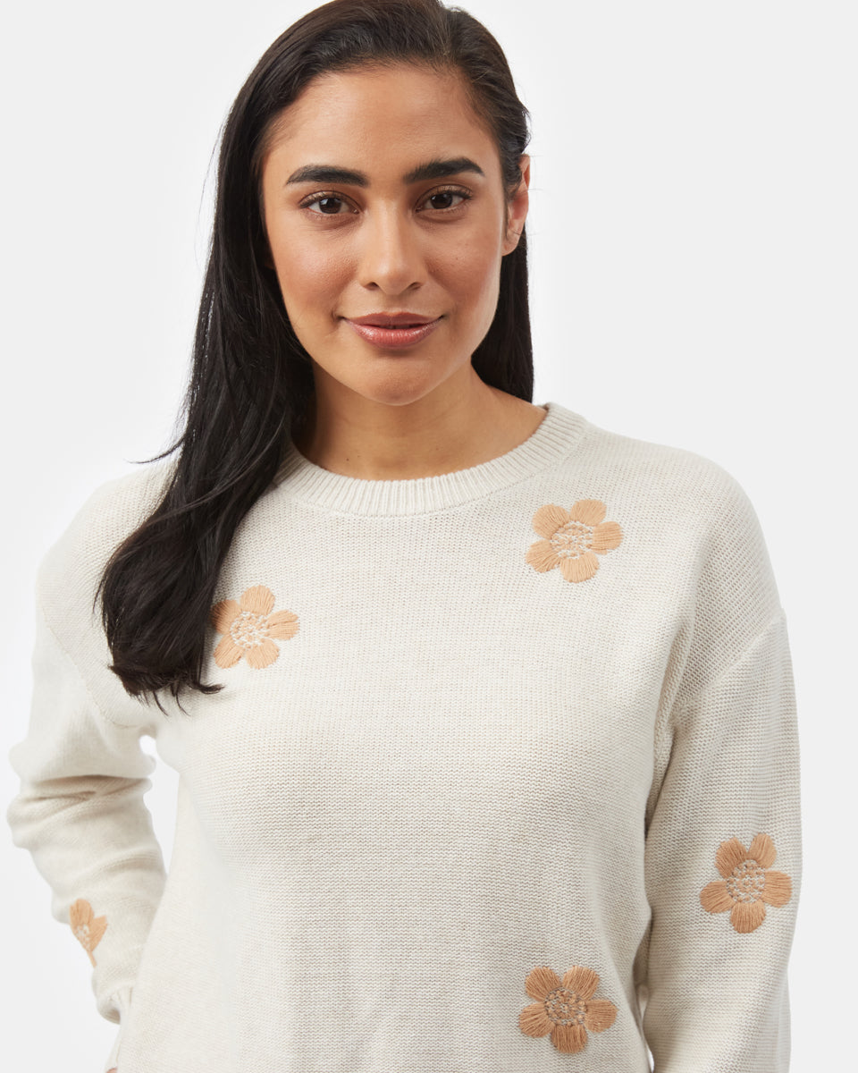 White Women's Floral Embroidery Knit Sweater