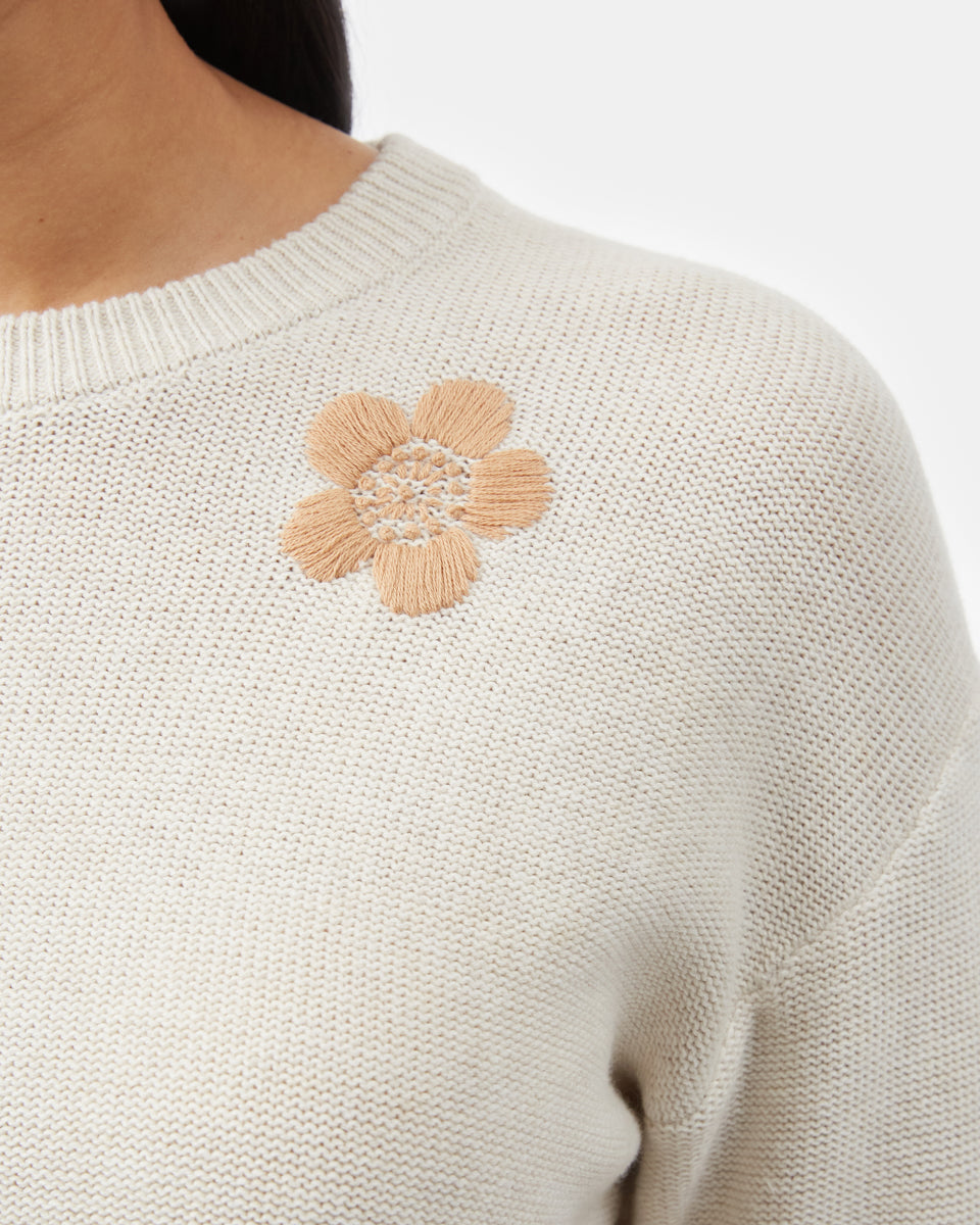 White Women's Floral Embroidery Knit Sweater