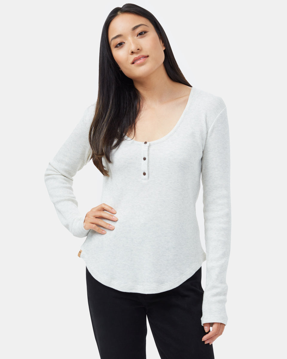 White Women's Waffle Knit Button Longsleeve Shirt
