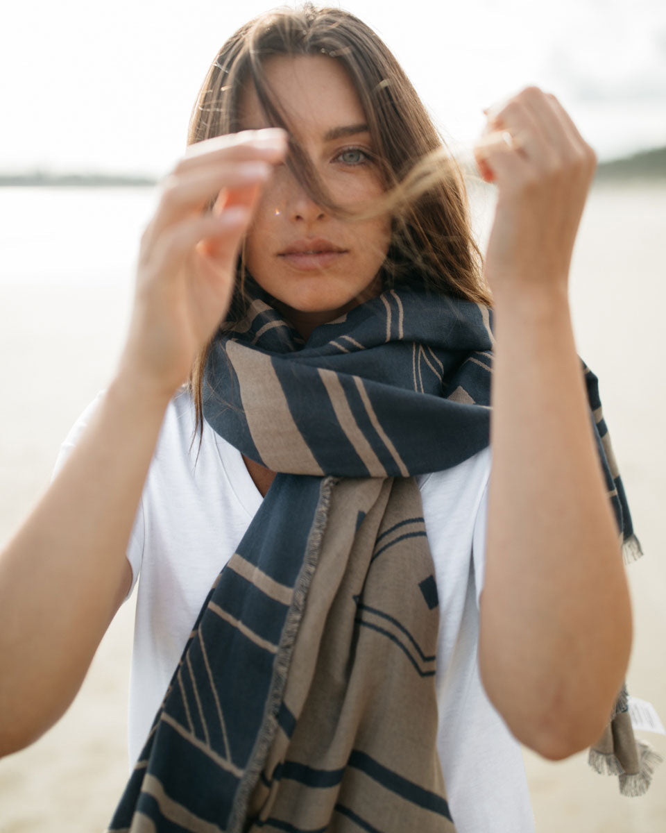 Blue,Beige Organic Cotton Pattern Blanket Scarf